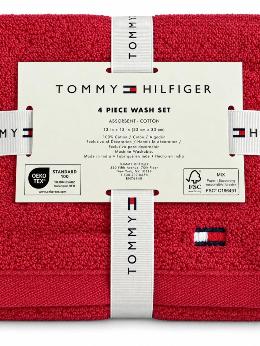 Tommy Hilfiger Logo Hot Pink 100% Cotton 4 Piece Washcloths Facecloths 13X13"